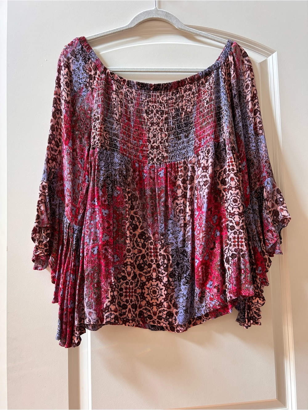 Mark Patchwork Smoked Flowy Blouse. Flared bell sleeves. Boho. Forest fairy. XL - Picture 4 of 8